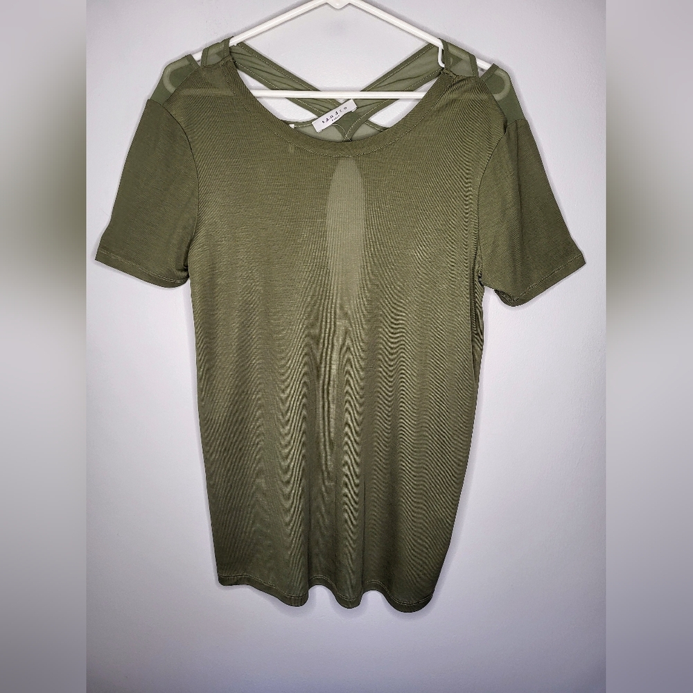 Sandro Paris Women's EU Sz 3 US Sz 8 Cross Back Olive T-Shirt/Top Sheer …